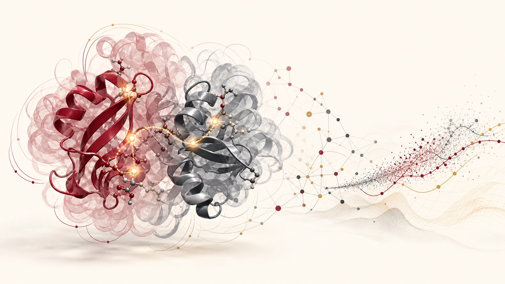 Original scientific illustration of overlapping protein conformations, molecular interaction pathways, and data-analysis traces representing computational molecular biophysics.